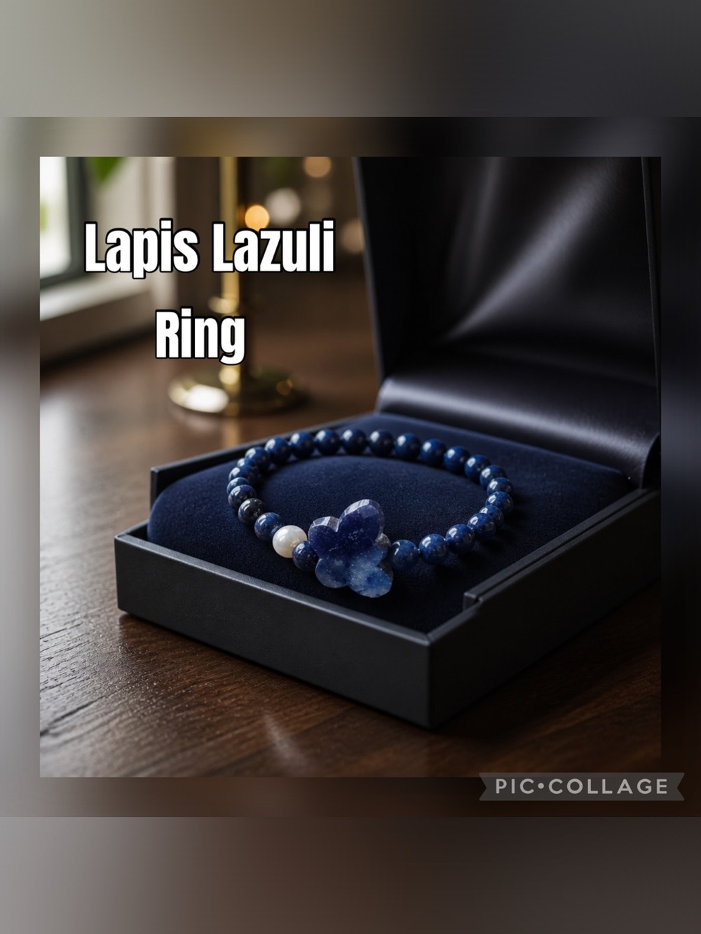 Lapis Lazuli Butterfly Beaded Ring - w/ Faux Pearl Accent Bead - Crystal - Stone